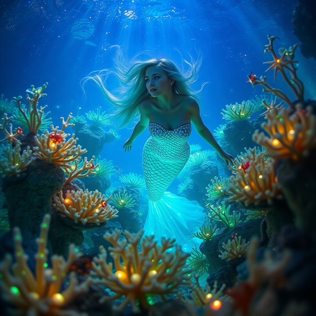 AI generated art for prompt: Imagine an enchanting underwater realm illuminated by bioluminescent flora, reminiscent of a mesmeri