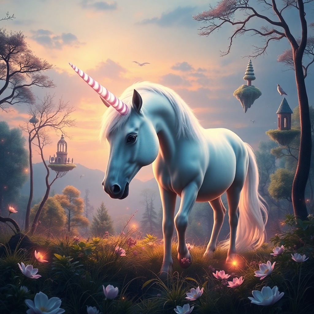 AI generated art for prompt: A digital art portrait depicting an enchanting unicorn gracefully grazing in a mystical forest under