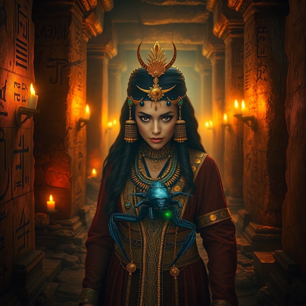 AI generated art for prompt: Craft an image that enthralls with the mystical aura of an ancient Egyptian sorceress, as seen throu