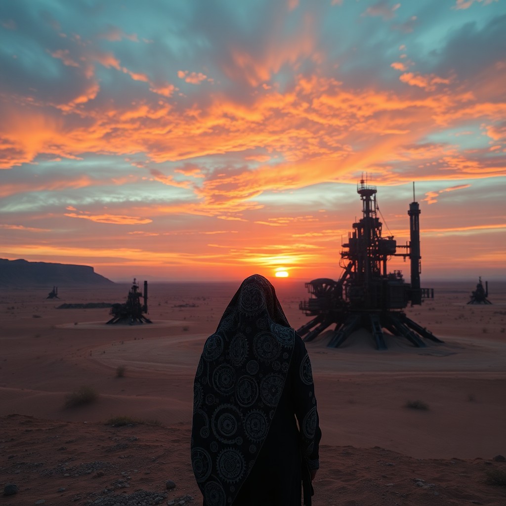 AI generated art for prompt: A mesmerizing view unfolds as we gaze upon an alien desert landscape from an unusual vantage point, 