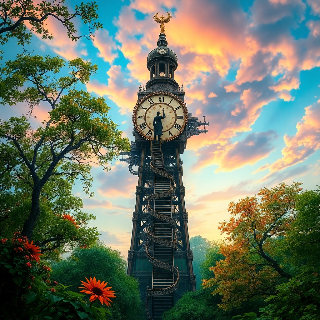 AI generated art for prompt: A mesmerizing digital artwork portrays an enchanting scene where a colossal mechanical tower rises m