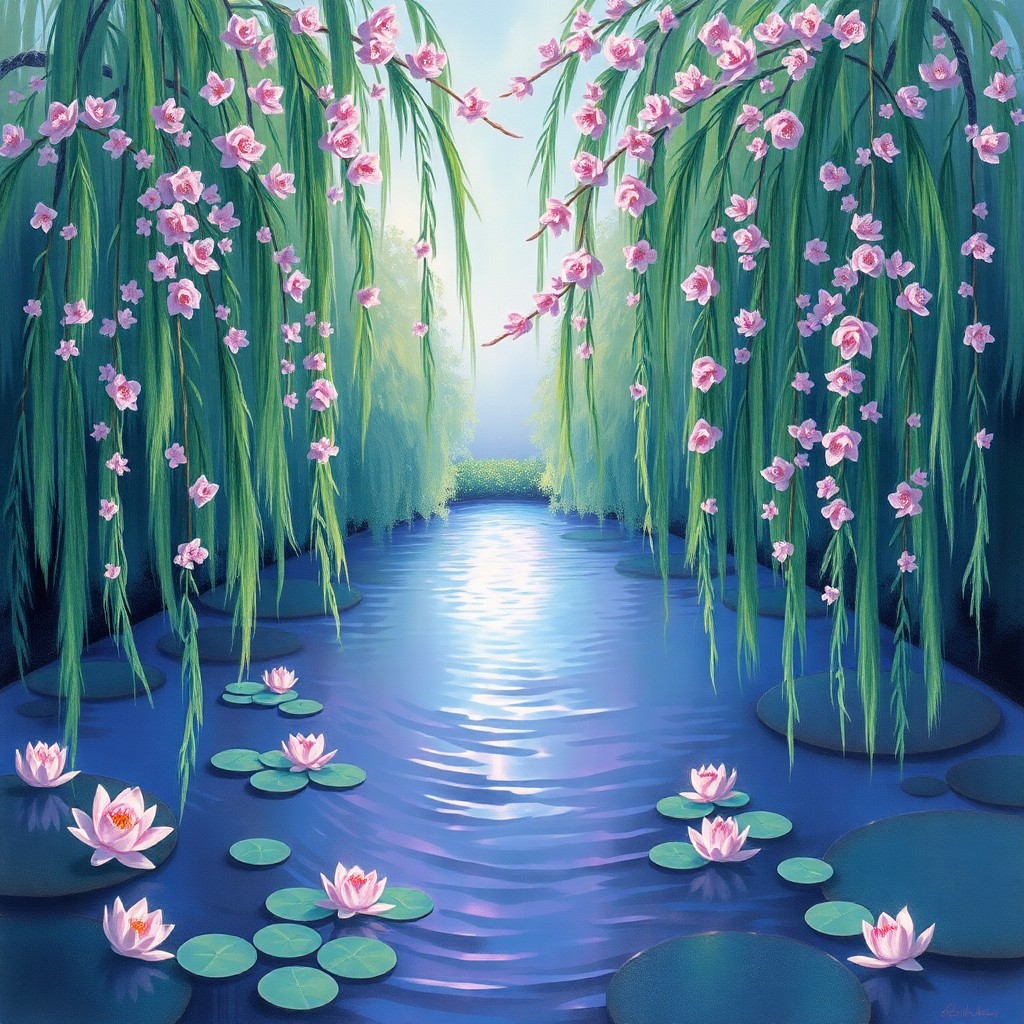 AI generated art for prompt: In the serene style reminiscent of Monet's renowned Water Lilies series, create an enchanting garden