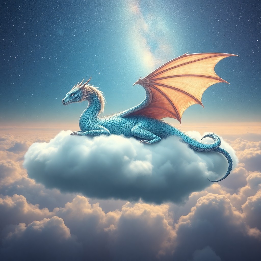 AI generated art for prompt: In the ethereal realm of dreamlike surrealist art, an awe-inspiring dragon gracefully reclines upon 