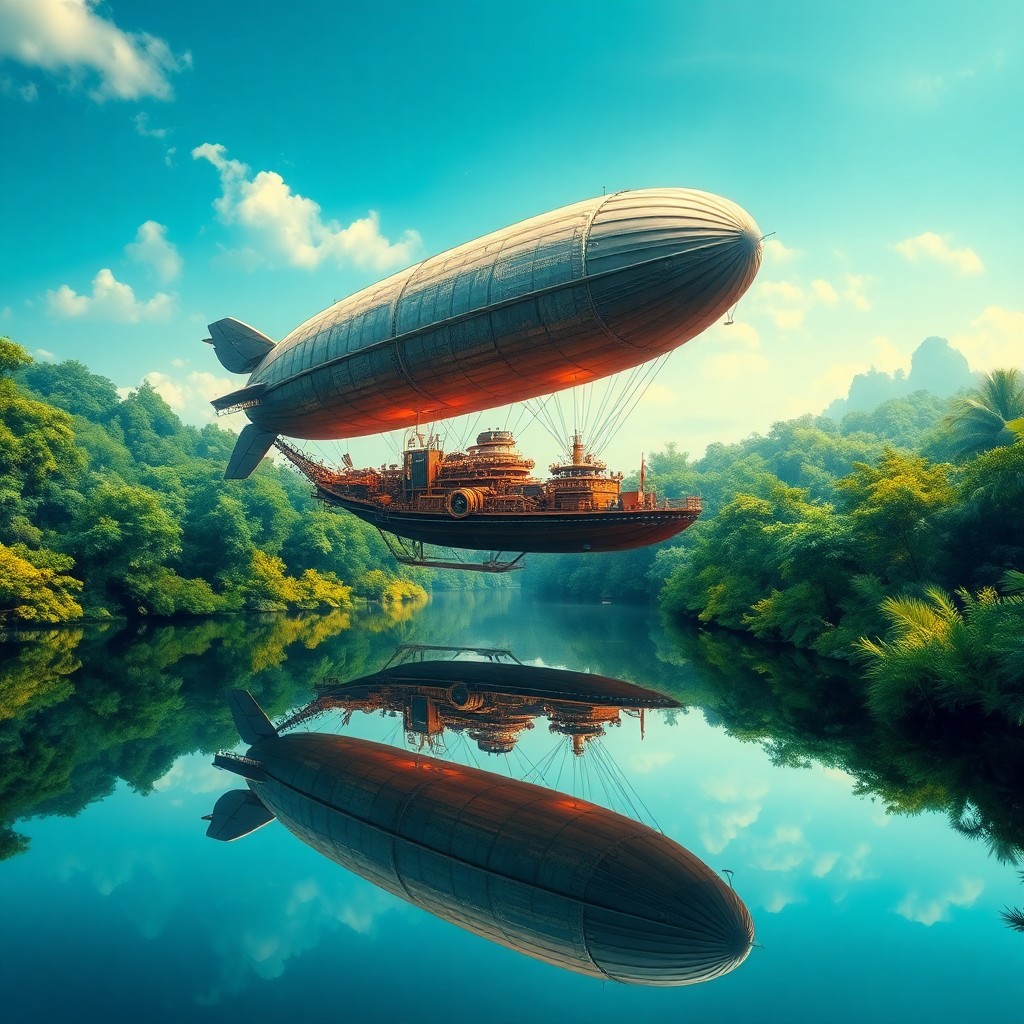 AI generated art for prompt: A dreamlike digital artwork fuses surrealism with steampunk aesthetics, depicting an airship majesti