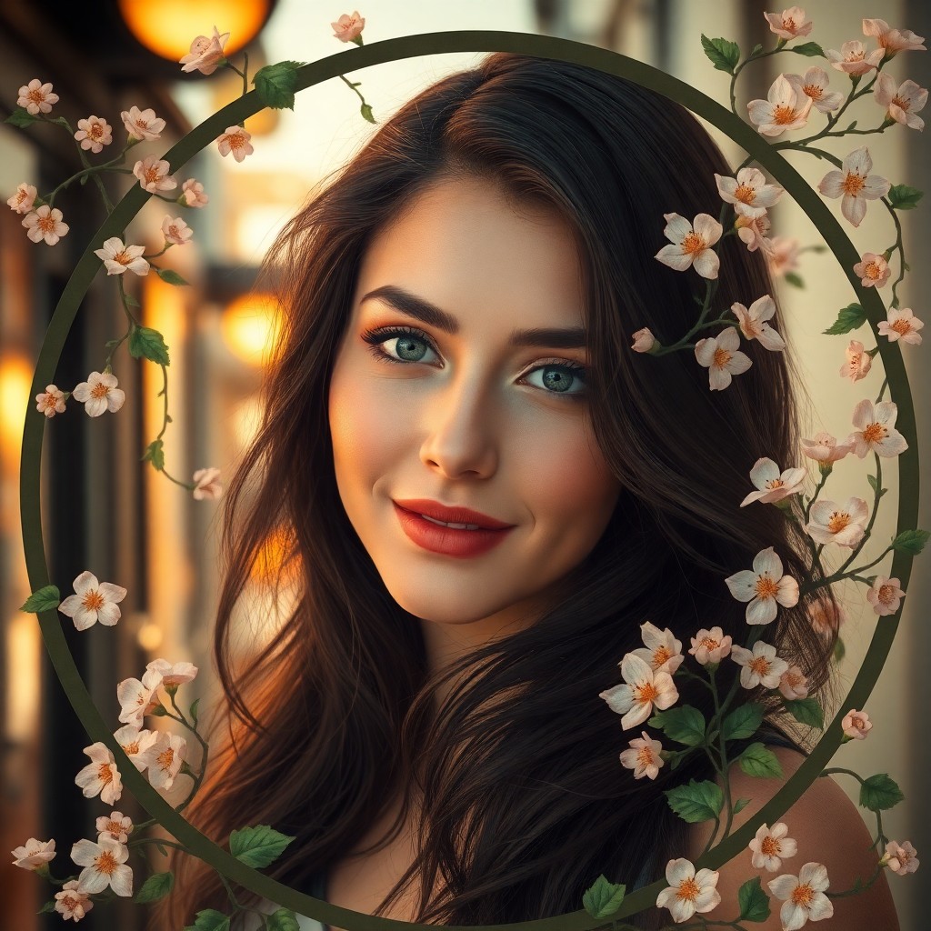 AI generated art for prompt: Craft an Art Nouveau-inspired portrait featuring a woman with flowing dark hair, surrounded by intri