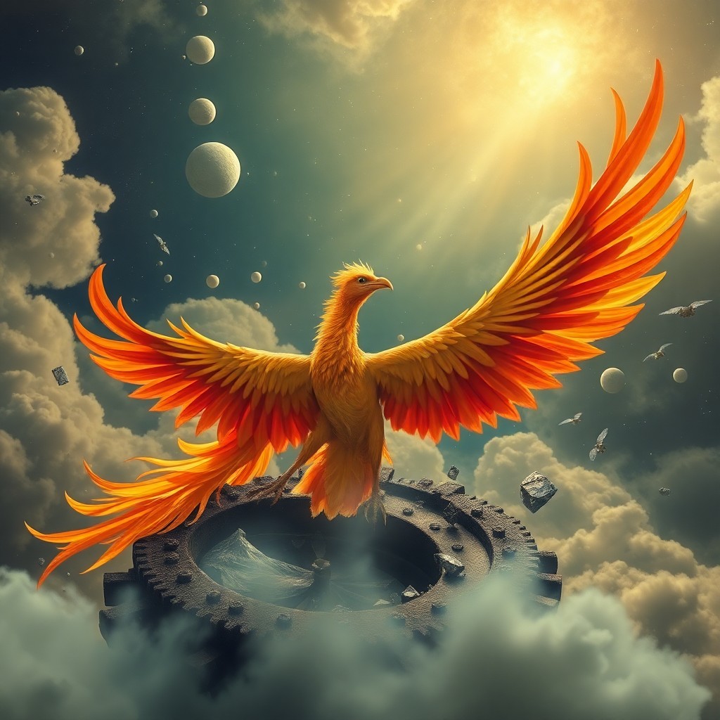 AI generated art for prompt: Envision an extraordinary scene where a majestic phoenix emerges from the charred fragments of a sha