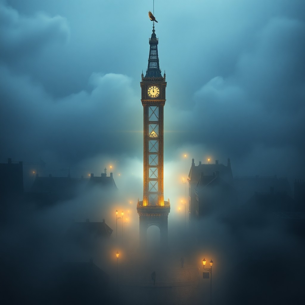 AI generated art for prompt: Create an enchanting scene depicting a towering tower amidst a city cloaked in fog, its pendulum sus