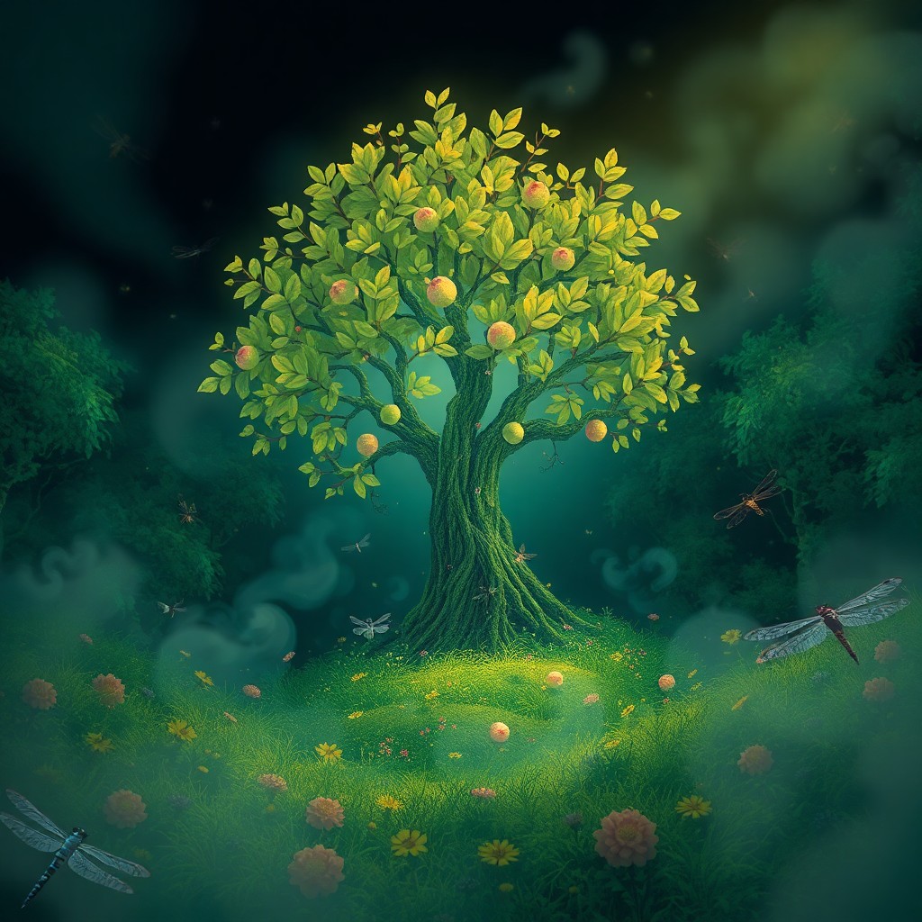 AI generated art for prompt: In a whimsical forest scene reminiscent of dark fantasy illustrations, view the enchanting landscape