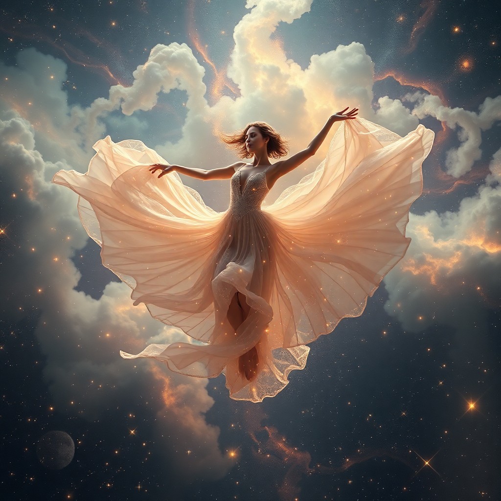 AI generated art for prompt: A mesmerizing visual tale captures a celestial dancer gracefully gliding through an expansive cosmos