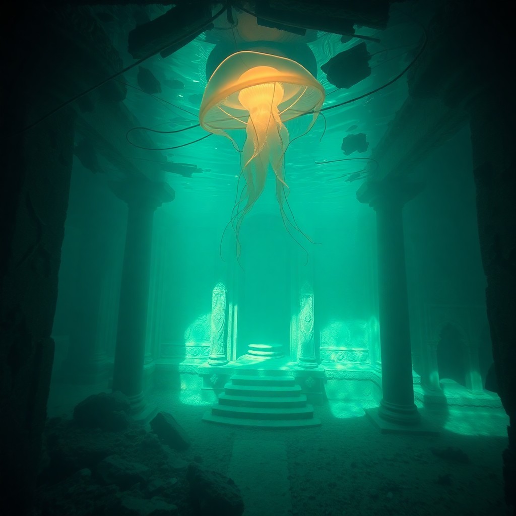 AI generated art for prompt: A tranquil underwater realm reveals an enigmatic submerged temple adorned with intricate carvings, i