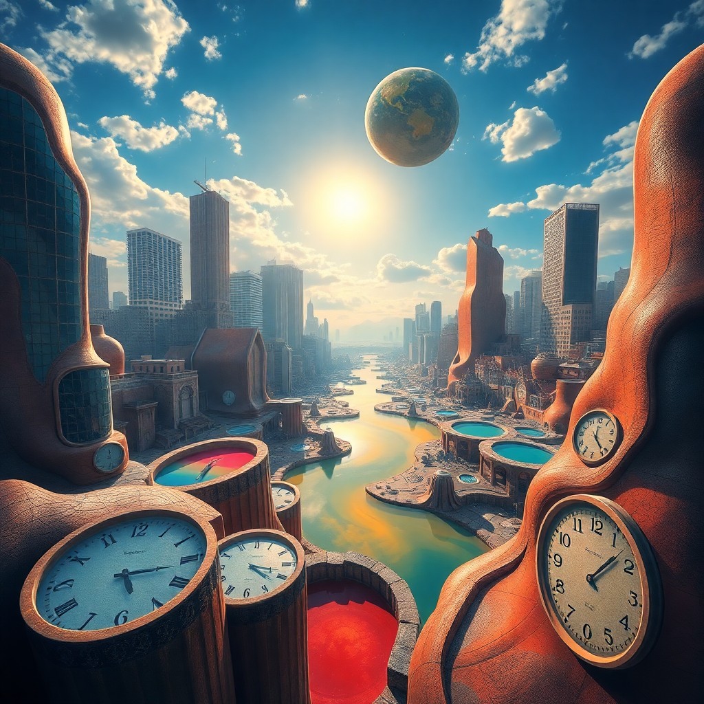 AI generated art for prompt: A surrealistic landscape depicts an imaginative world where traditional notions of space and time ar