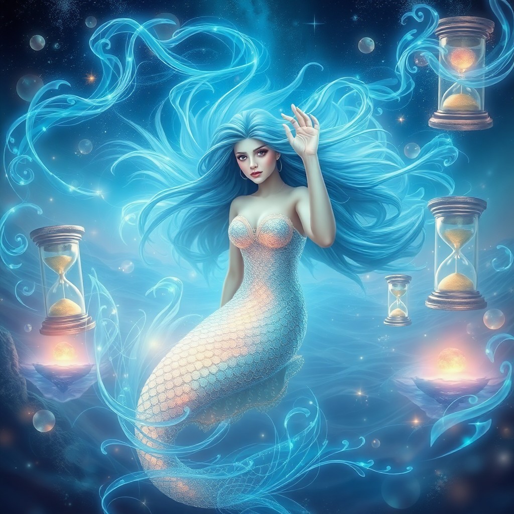 AI generated art for prompt: Imagine an otherworldly digital art landscape where a celestial mermaid with luminescent scales and 