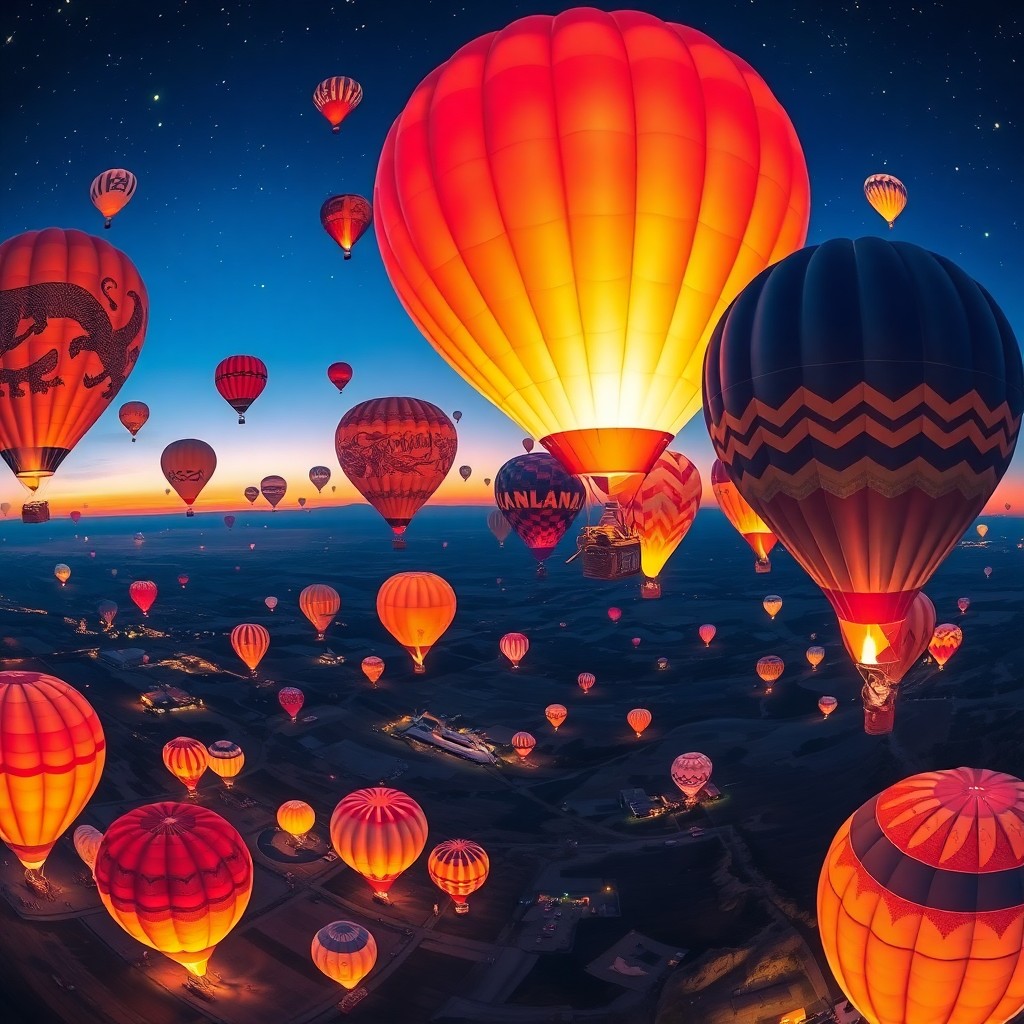 AI generated art for prompt: Create an expansive scene capturing the essence of a whimsical hot air balloon festival from a uniqu