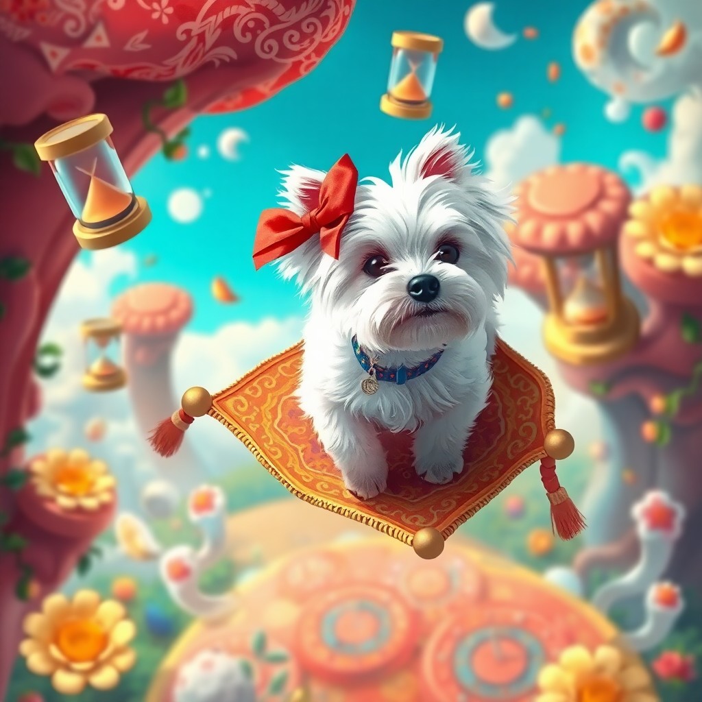 AI generated art for prompt: A delightful digital artwork captures a charming white Maltese Bolognese with a red bow elegantly gl