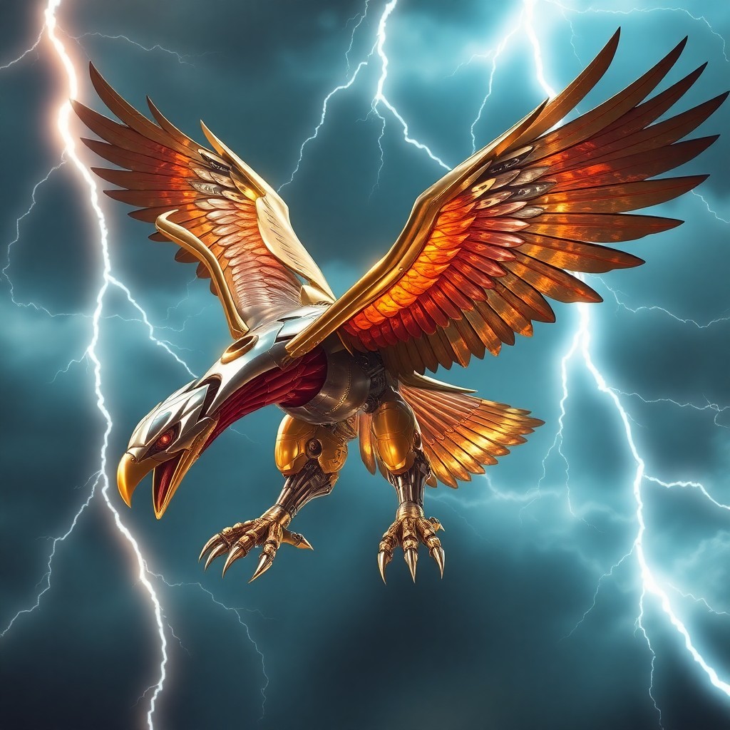 AI generated art for prompt: Craft an image of a fantastical hybrid creature, merging the majesty of an eagle with cutting-edge b