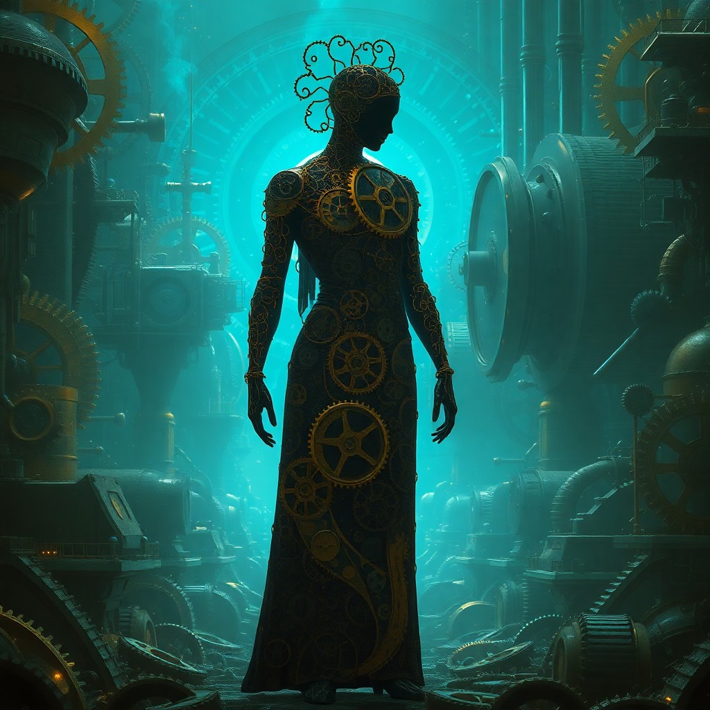 AI generated art for prompt: Imagine an enigmatic figure draped in intricate brass gears and clockwork motifs reminiscent of Art 