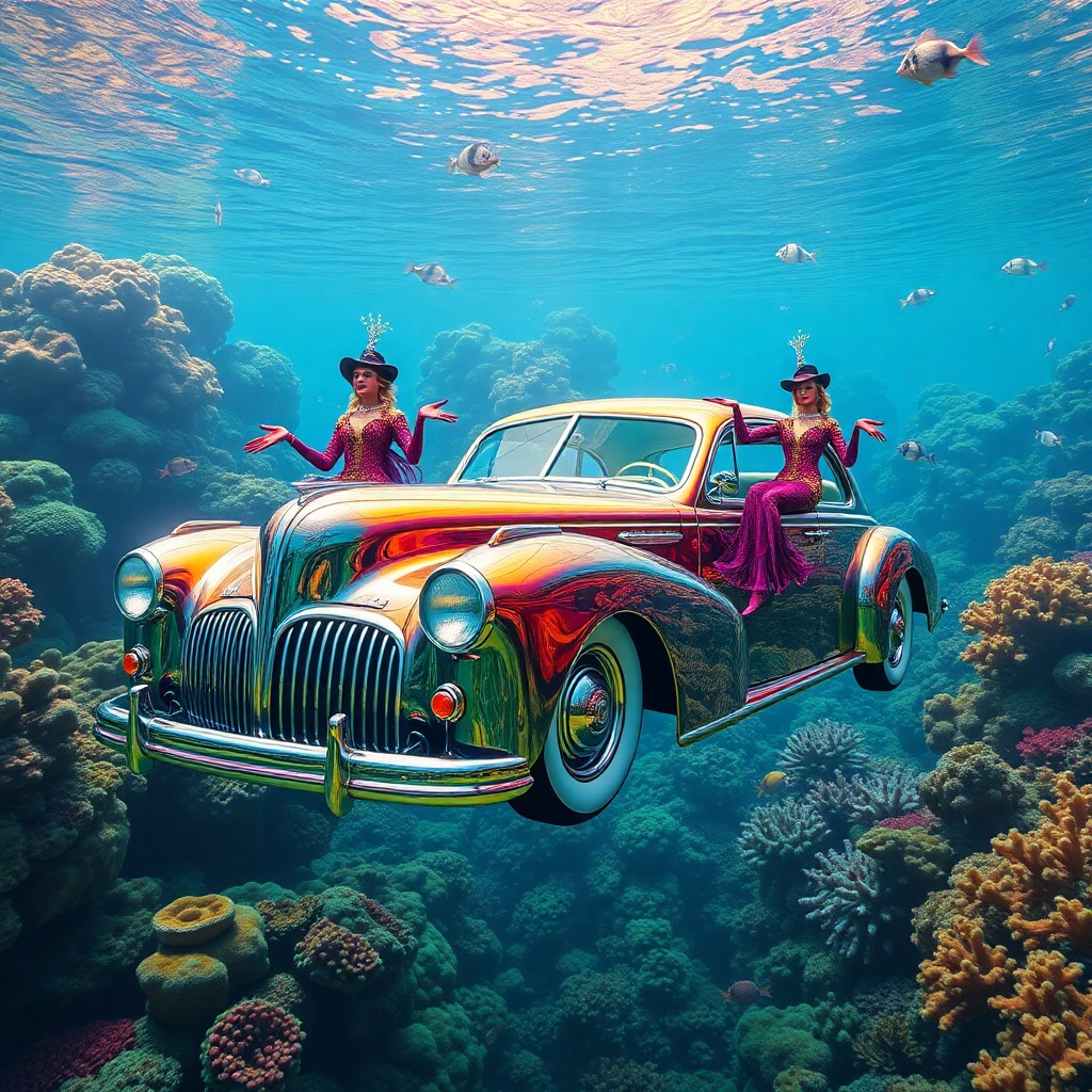 AI generated art for prompt: Craft an image that encapsulates surrealistic themes, depicting a vintage automobile submerged withi