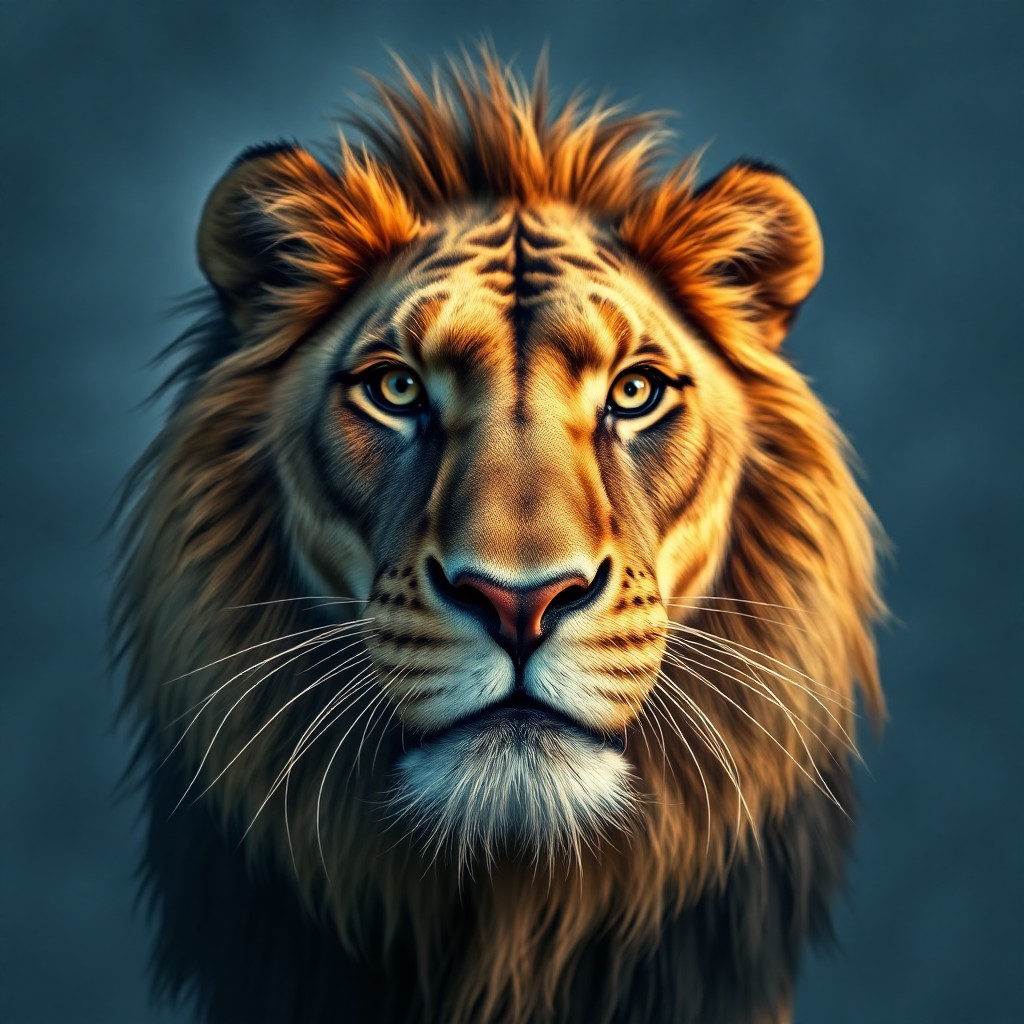 AI generated art for prompt: Create an image of a lion with photorealistic details, rendered from a unique perspective akin to a 