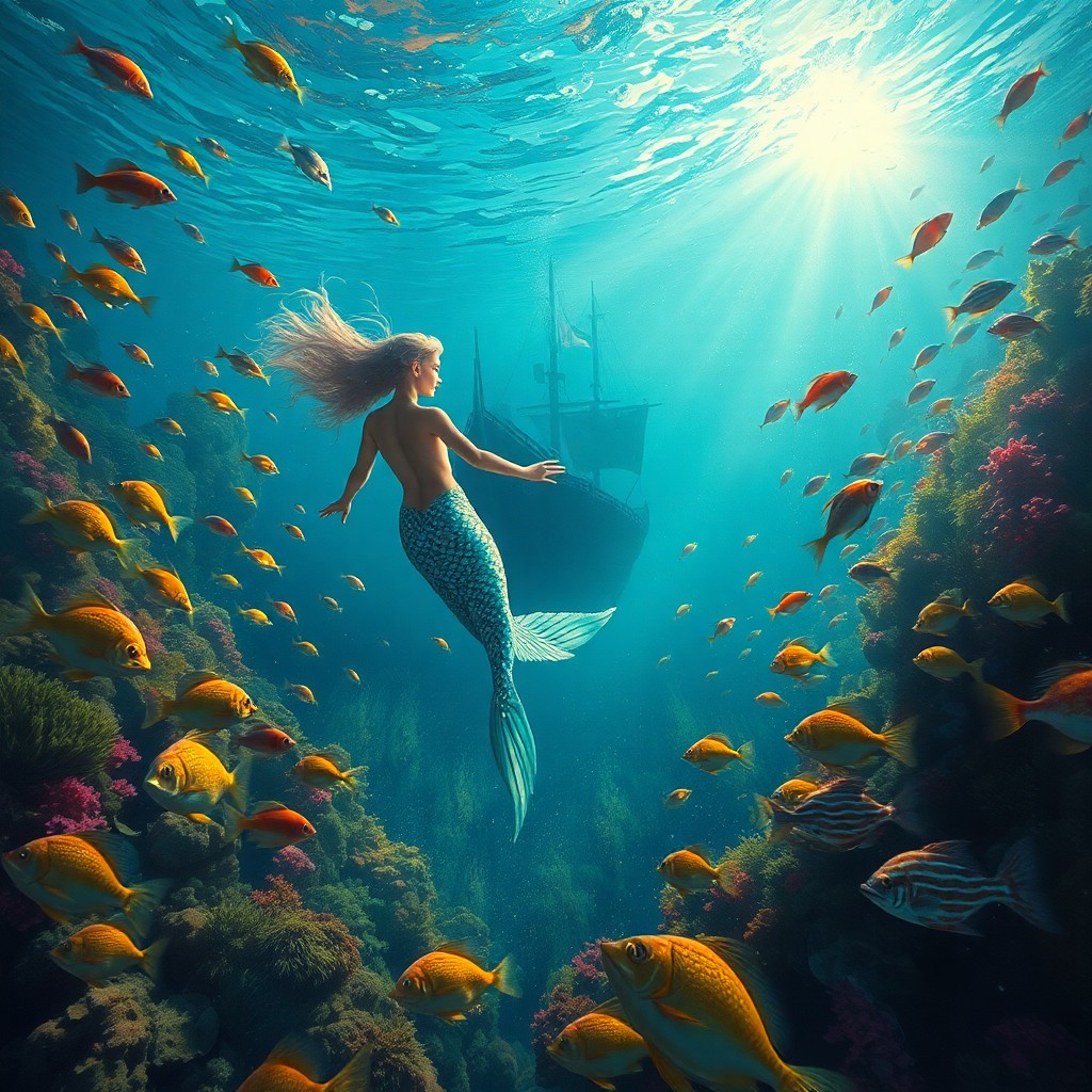 AI generated art for prompt: A mesmerizing underwater scene showcasing a graceful mermaid swimming amidst vibrant marine life, he