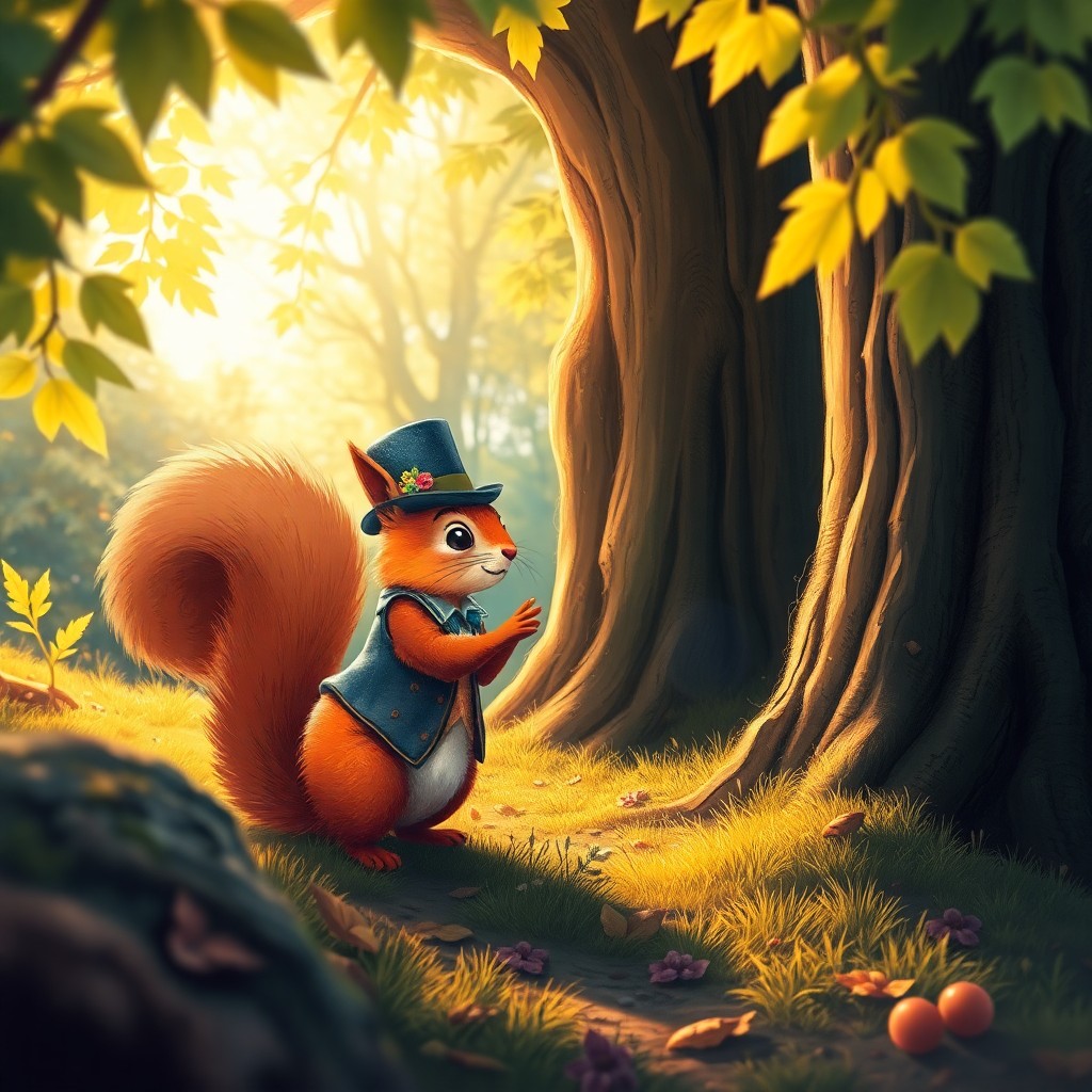 AI generated art for prompt: A captivating digital artwork reminiscent of whimsical illustrations, depicting a curious red squirr