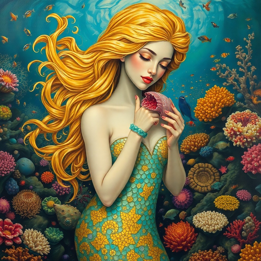 AI generated art for prompt: An enchanting oil painting depicting a mesmerizing mermaid arising from an abundant coral reef fille