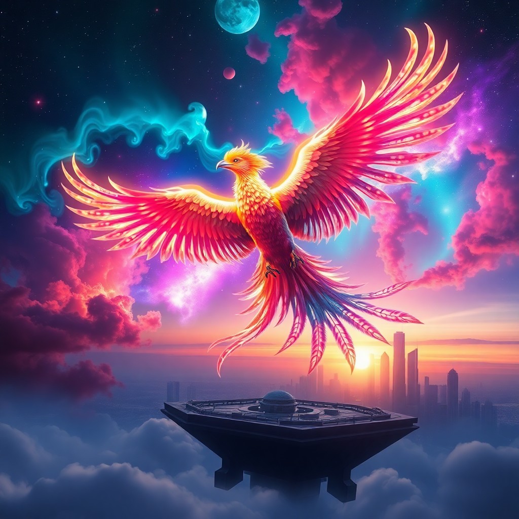 AI generated art for prompt: Envision a surreal digital art scene where a majestic phoenix arises from a vibrant cosmic nebula, r