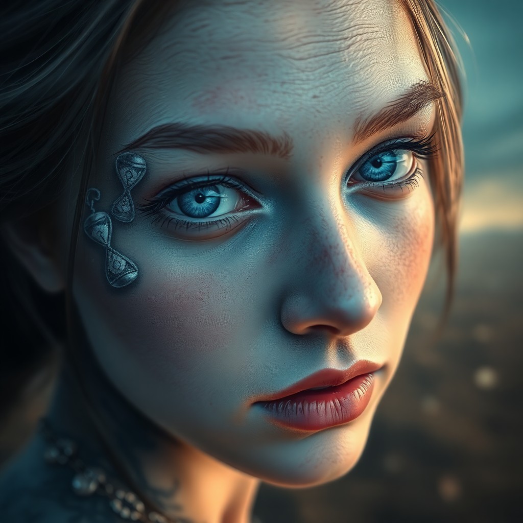 AI generated art for prompt: Visualize an enigmatic digital art portrait of a young woman with captivating blue eyes, her face ad