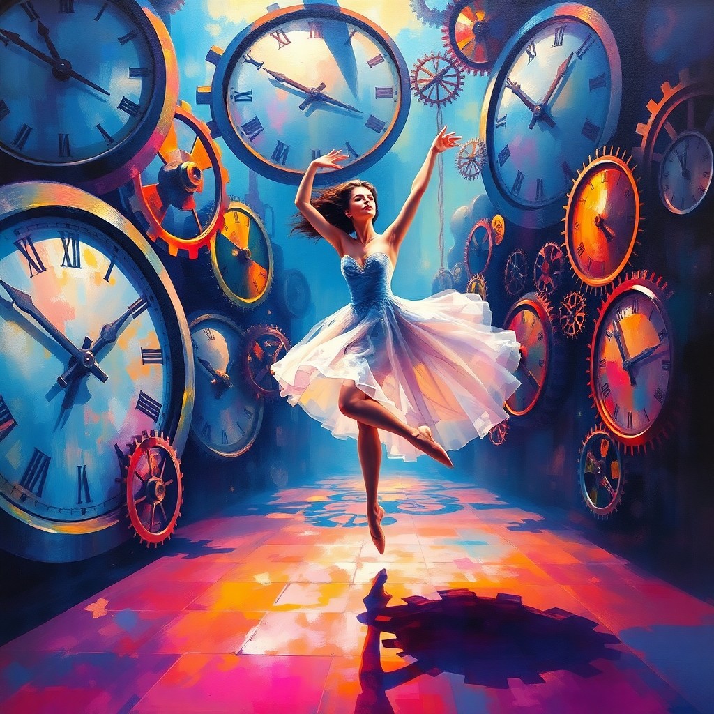 AI generated art for prompt: A surreal oil painting depicting a whimsical dreamlike scene where a graceful ballerina dances amids