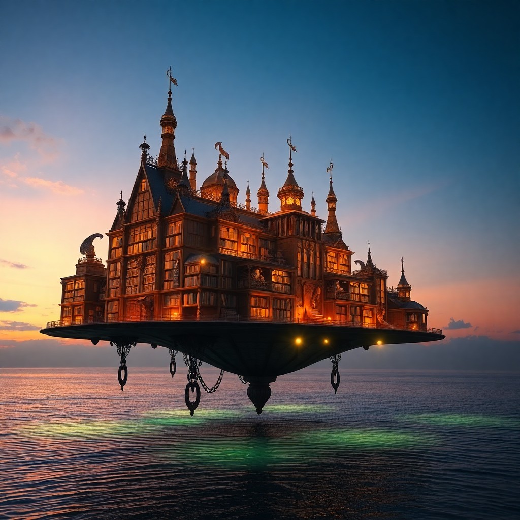 AI generated art for prompt: A surreal floating library hovers above a tranquil lagoon at dusk, as viewed from an insect's eye pe