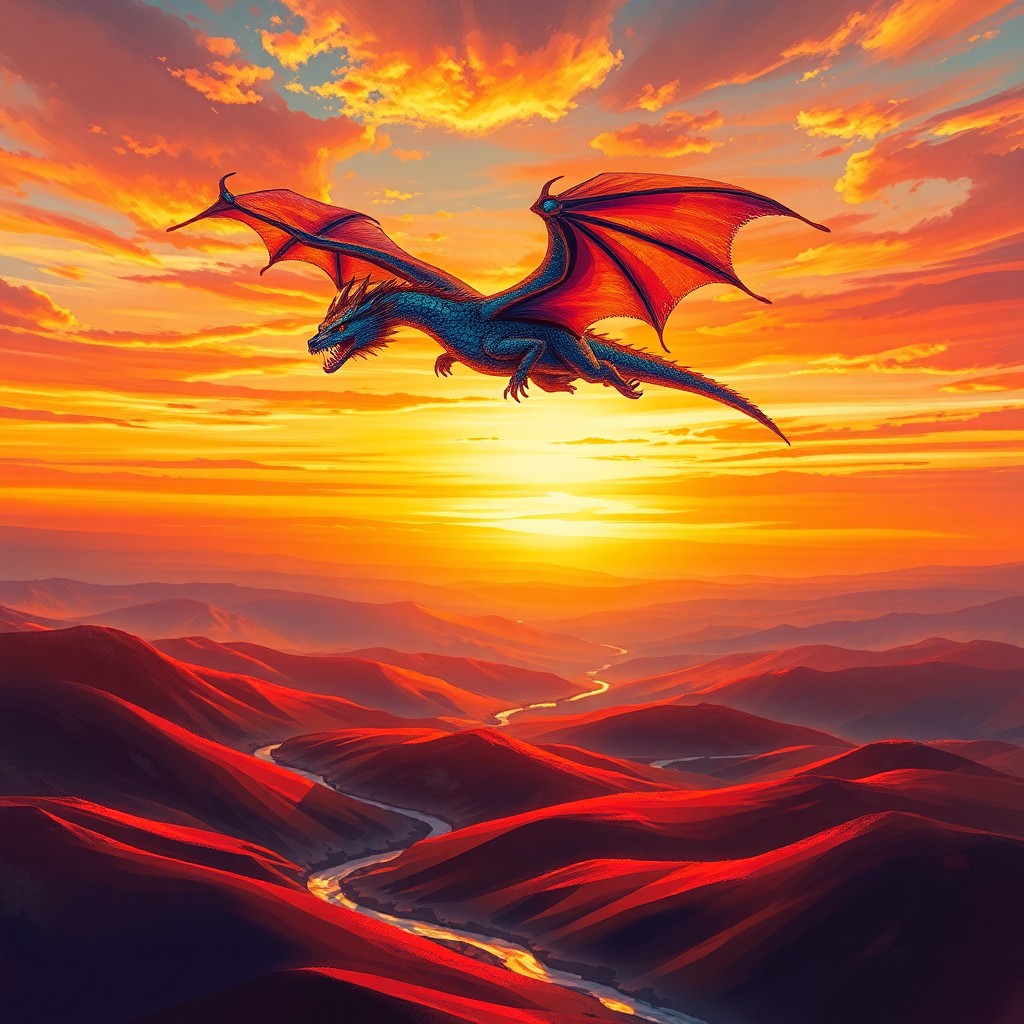 AI generated art for prompt: Craft an image in the impressionistic manner, portraying a regal dragon gliding across a vivid sunse