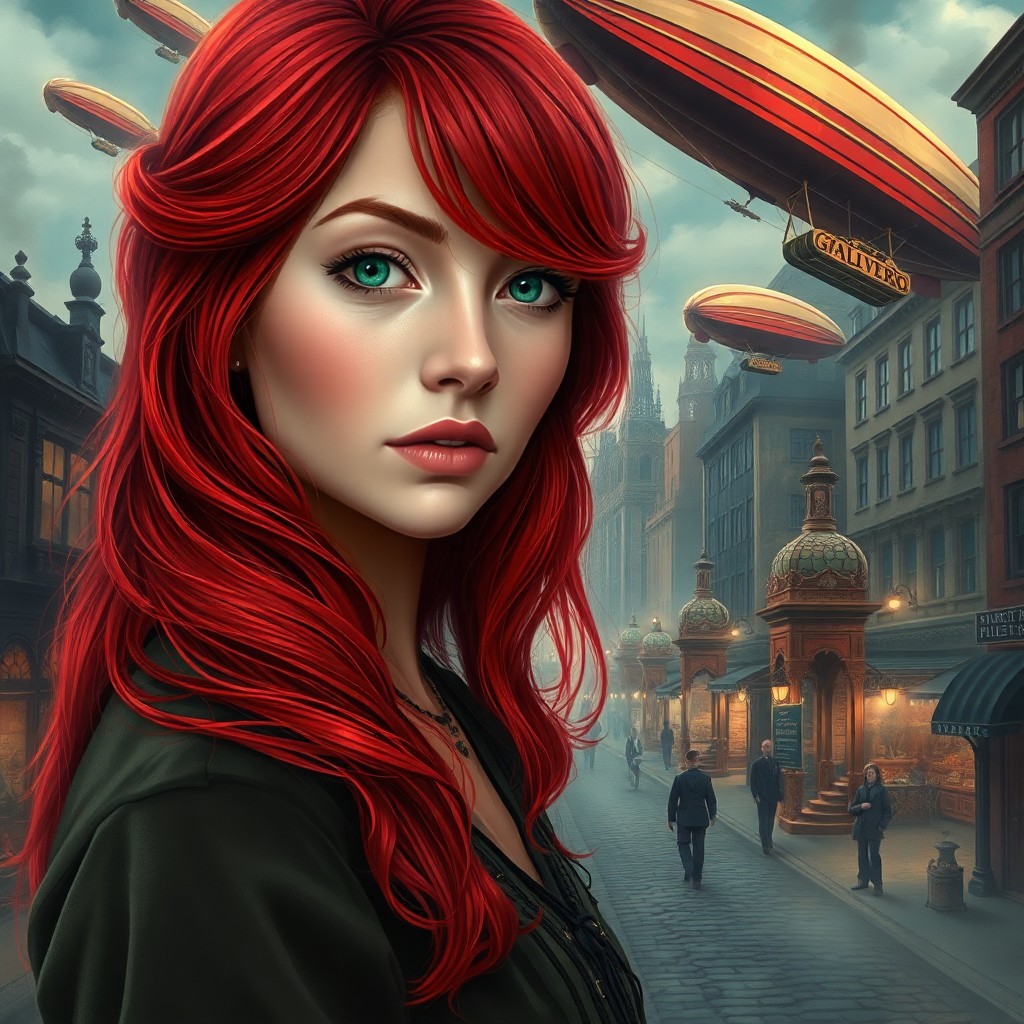 AI generated art for prompt: Imagine an enchanting steampunk-inspired portrait, featuring a young woman with vibrant red locks ca