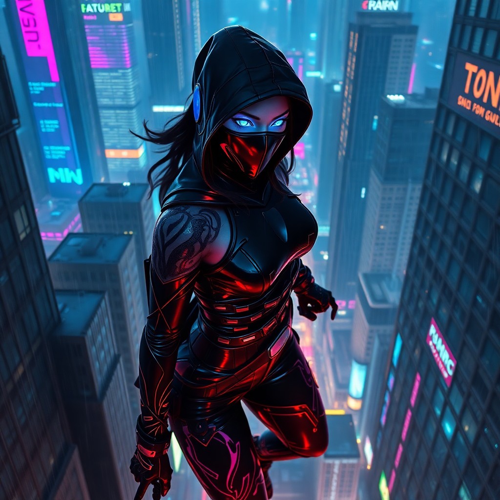 AI generated art for prompt: A cyberpunk ninja with luminescent eyes and intricate body art dons a lustrous black suit, maneuveri