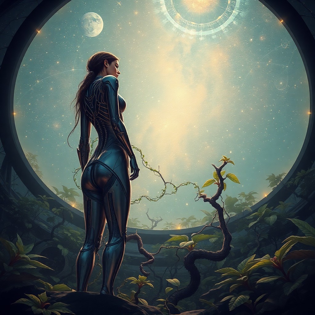 AI generated art for prompt: A digital artwork portrays an enigmatic female cyborg standing near the boundary of a planetarium do