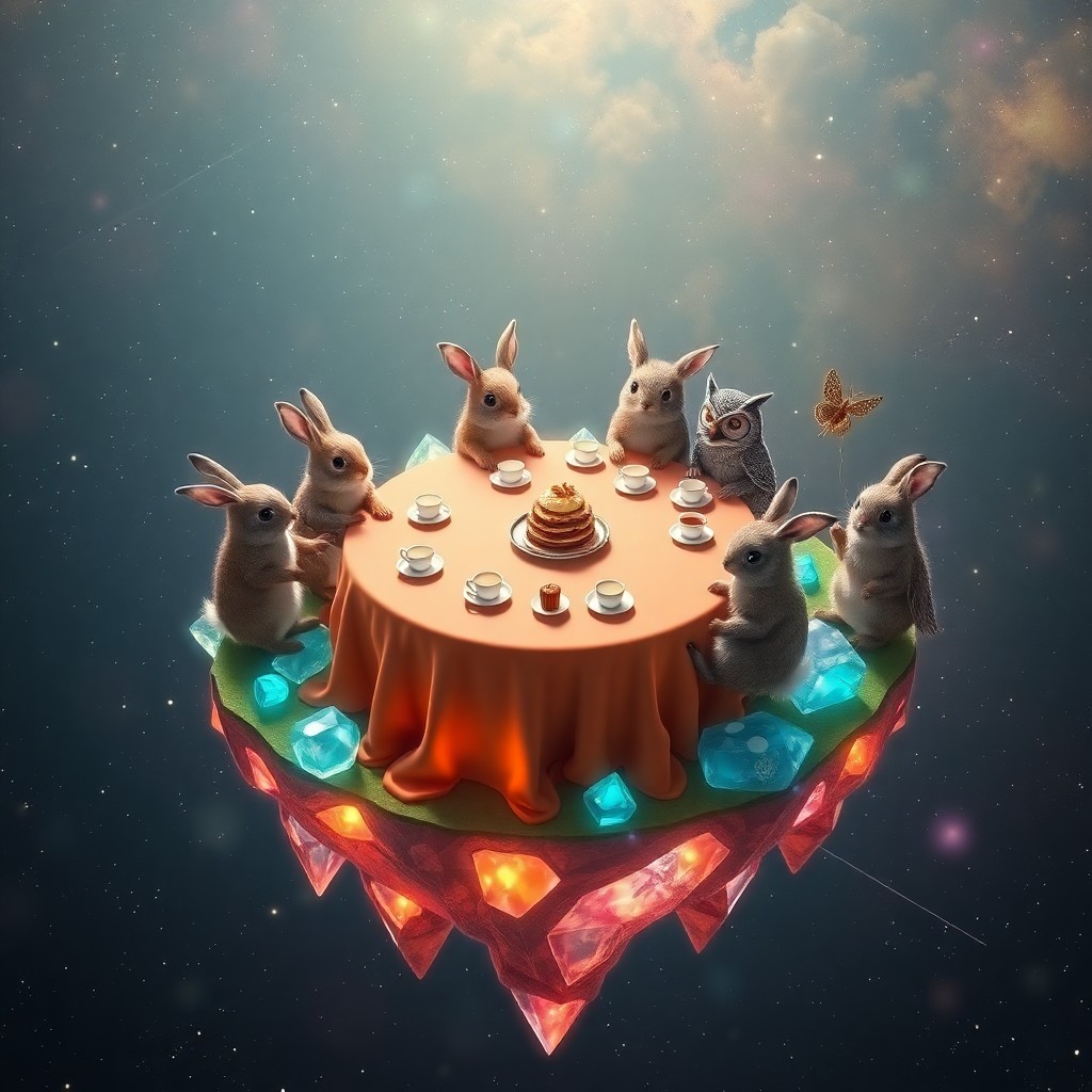 AI generated art for prompt: A surreal digital artwork depicting an enchanting tea party on a floating island amidst a vast cosmi