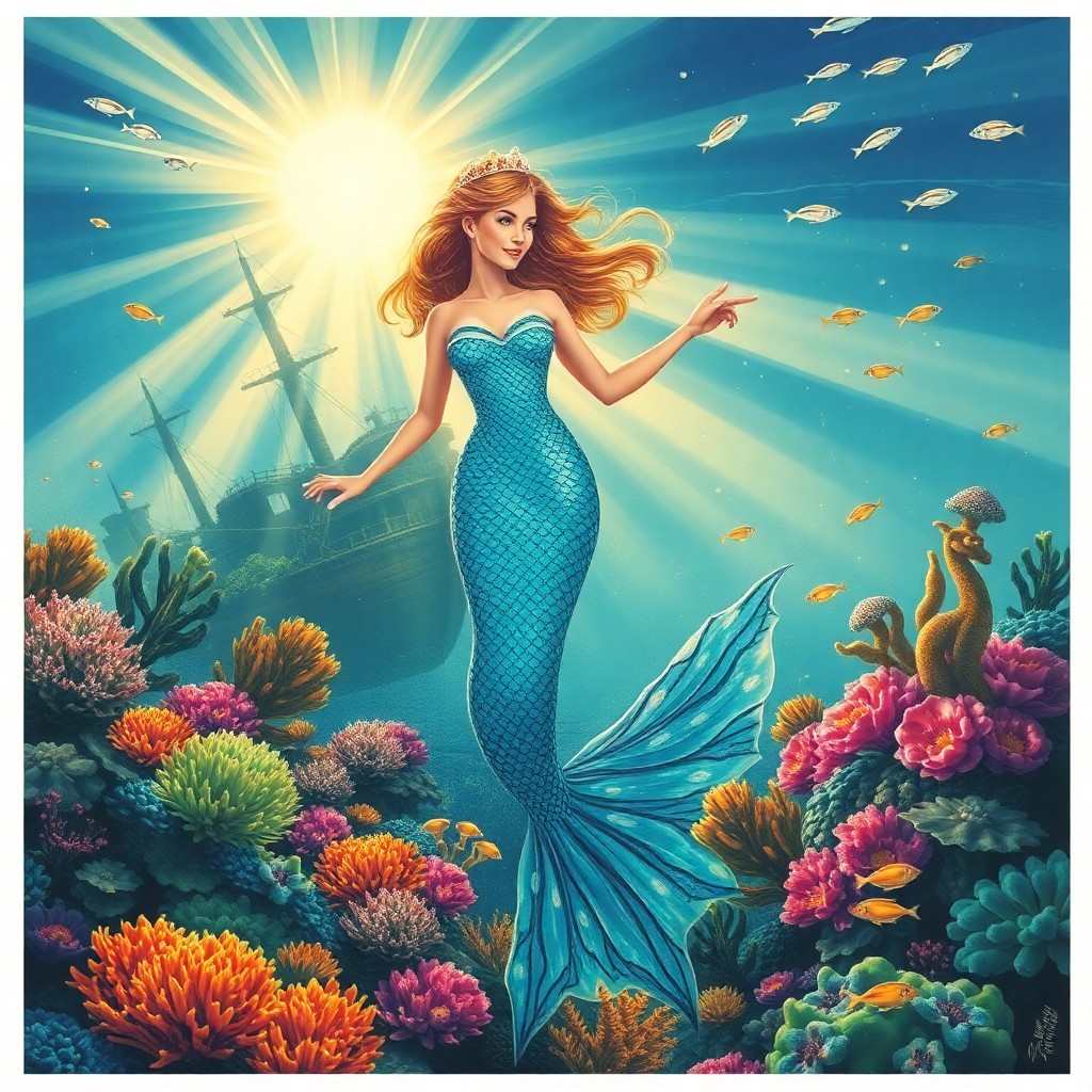 AI generated art for prompt: Craft an image reminiscent of vintage travel posters, portraying a mesmerizing underwater realm wher