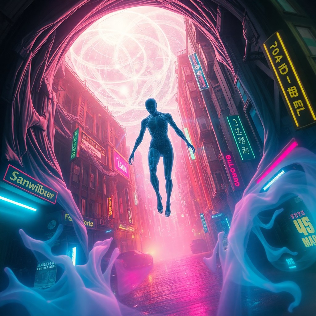 AI generated art for prompt: A surreal digital artwork unveils an enigmatic being emerging from a wormhole, its form gracefully s