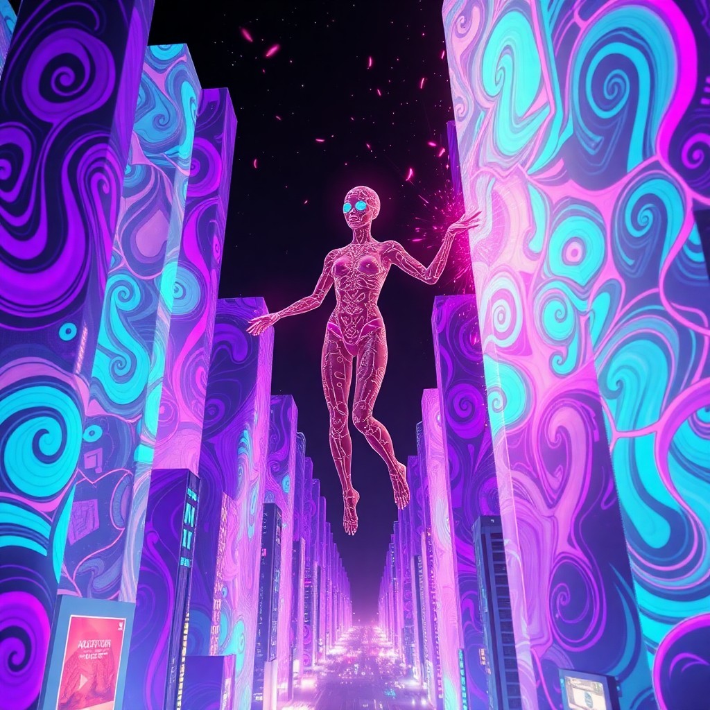 AI generated art for prompt: In the psychedelic style evoking the spirit of 1960s artistic expression, envision a futuristic metr
