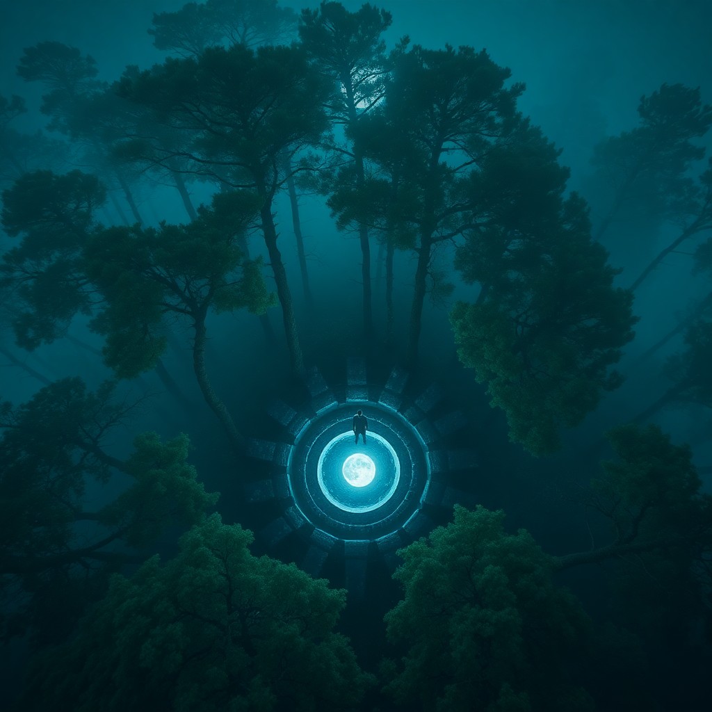 AI generated art for prompt: A tranquil moonlit forest scene captures the enigmatic beauty of nature from an aerial perspective h