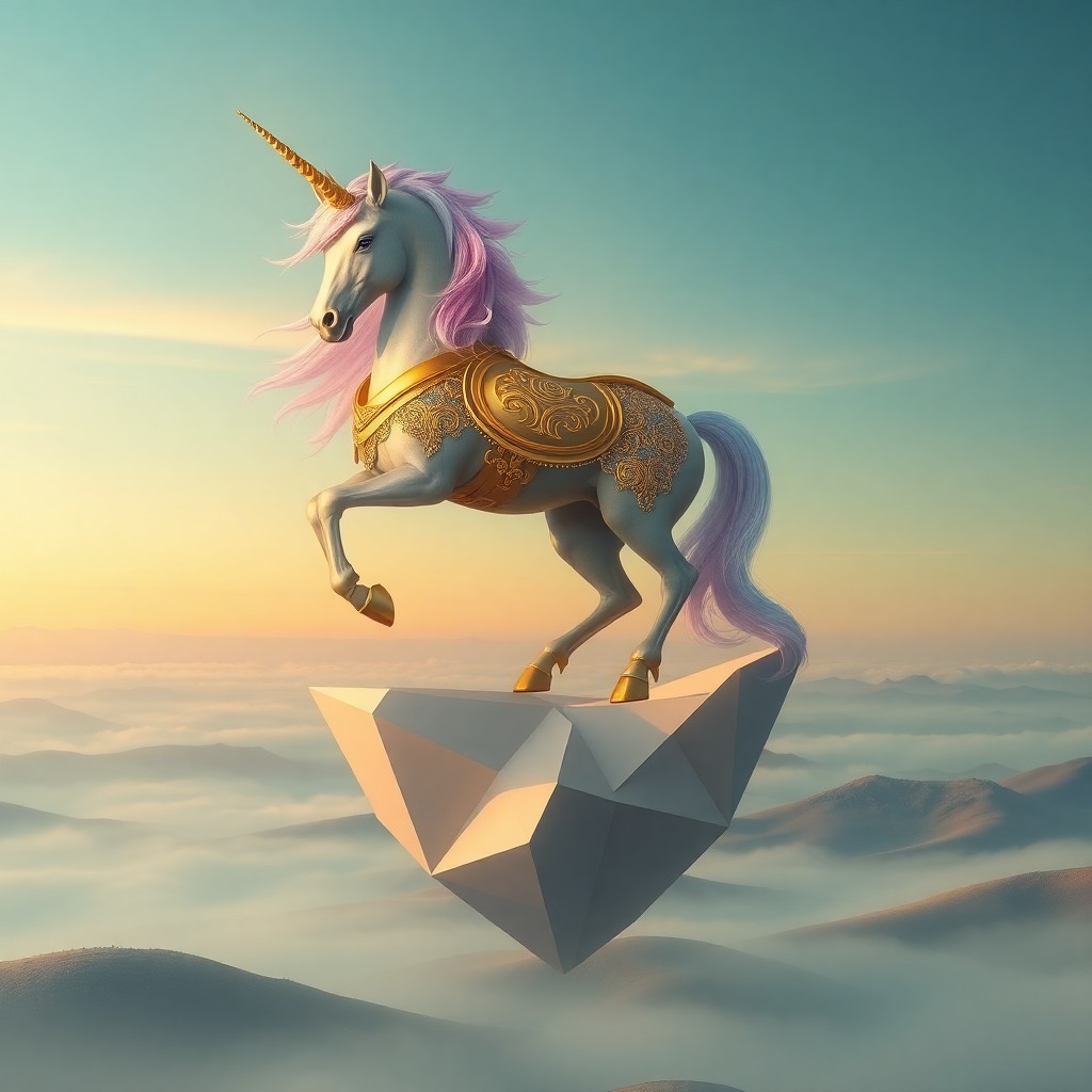 AI generated art for prompt: A surreal landscape is graced by an elegant unicorn adorned in intricate golden armor, its mane shim