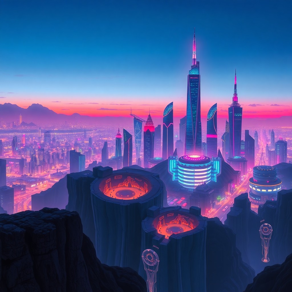 AI generated art for prompt: A digital artwork depicting an enigmatic cityscape at twilight, reminiscent of Moebius' distinctive 