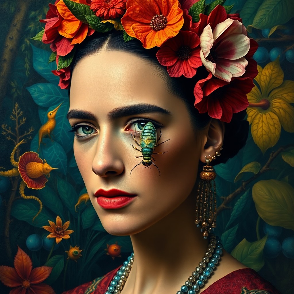 AI generated art for prompt: Craft an image blending Kahlo's self-portrait intensity with Bosch's surreal landscapes, capturing a