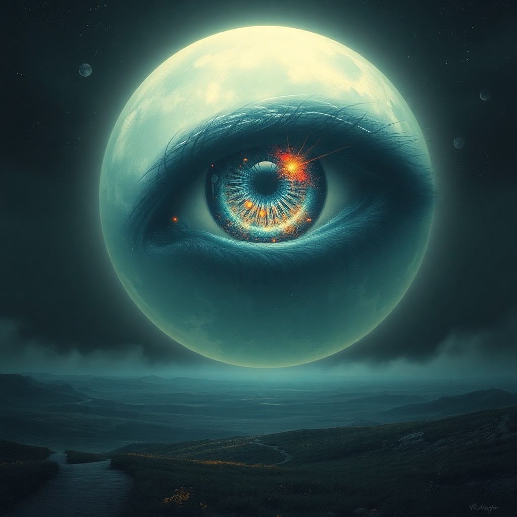 AI generated art for prompt: A luminous celestial eye hovers above a tranquil moonlit landscape, reflecting swirling galaxies and