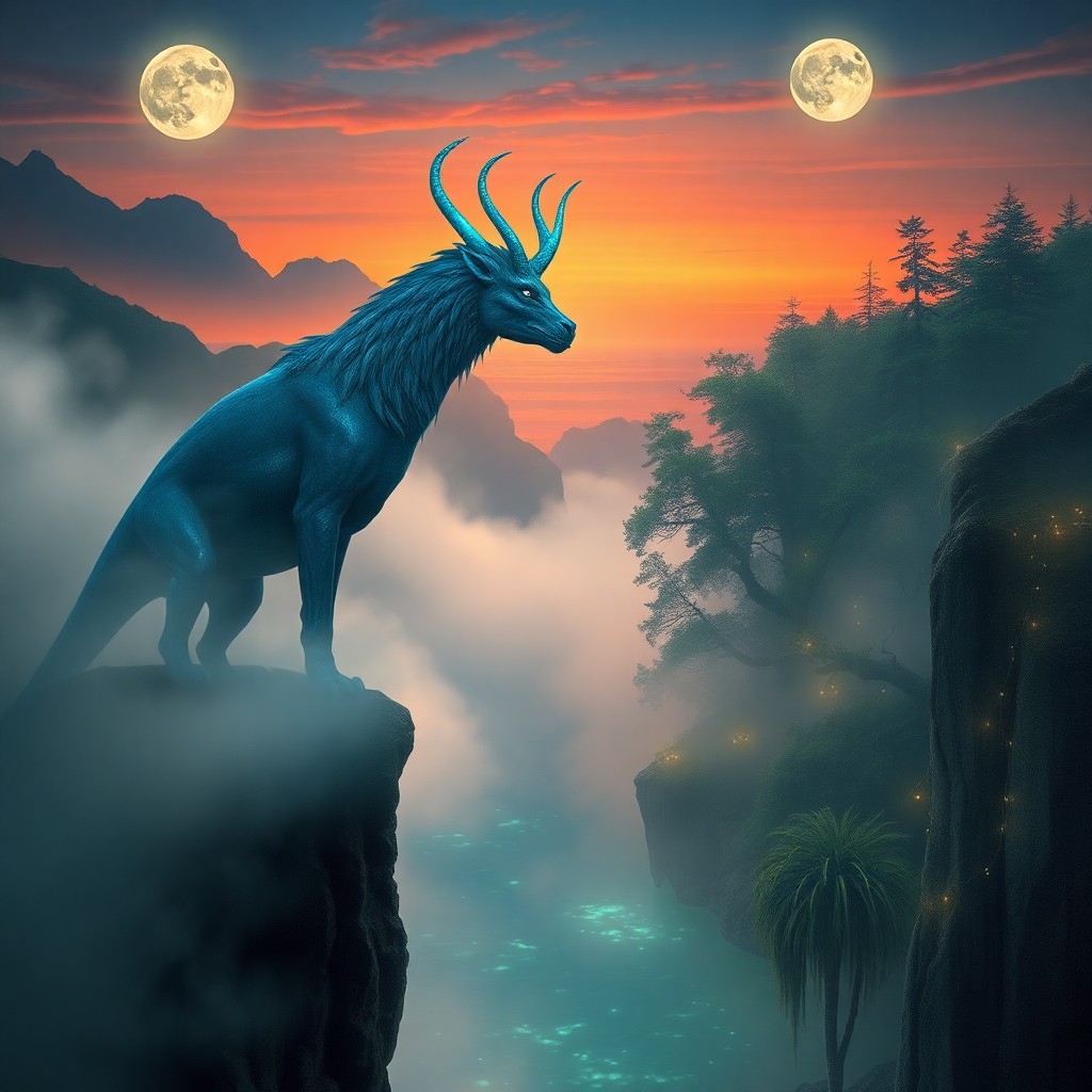 AI generated art for prompt: A majestic mythical creature stands at the precipice of a mist-shrouded cliff, gazing over a tranqui