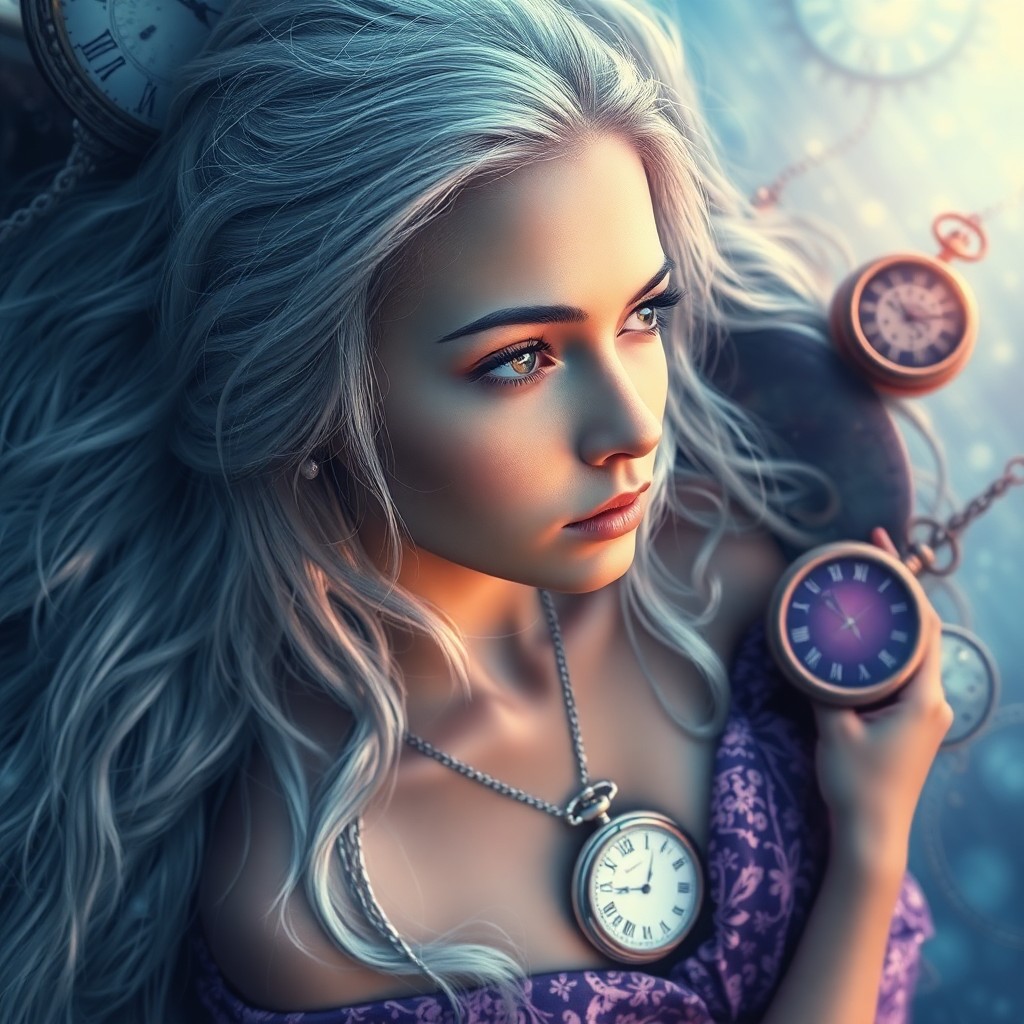 AI generated art for prompt: An alluring digital art portrait captures the mystical aura of a young woman with shimmering silver 