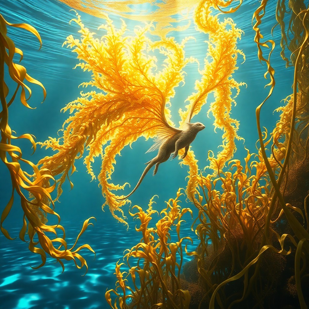 AI generated art for prompt: A mesmerizing digital artwork showcases an idyllic underwater realm where graceful kelp sways in an 