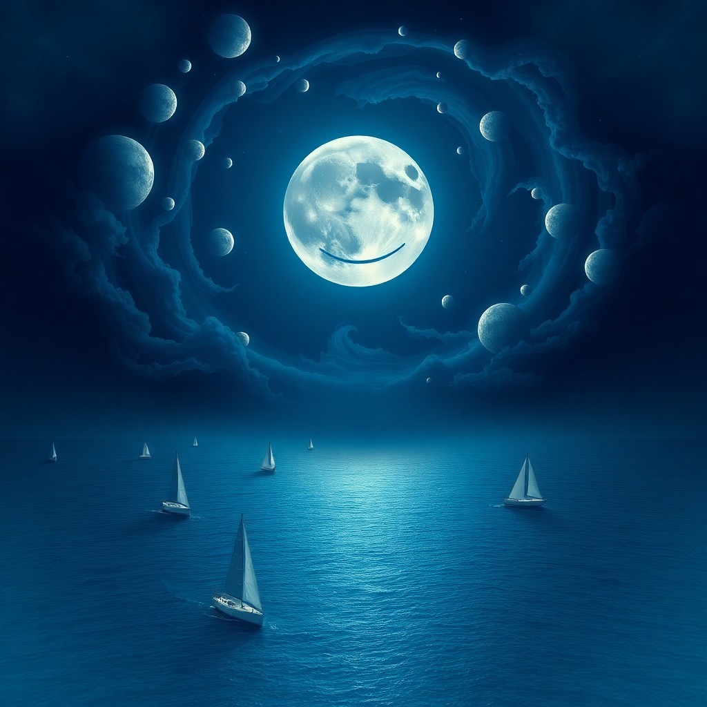 AI generated art for prompt: An aerial view above a tranquil ocean reveals a surreal portrait of an enigmatic full moon with a sm