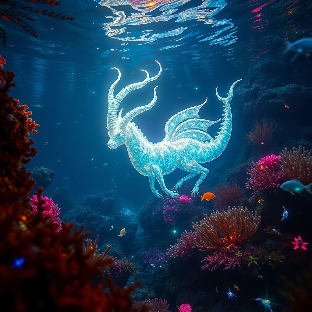 AI generated art for prompt: Visualize an enchanting underwater realm where a resplendent mythical creature gracefully drifts ami