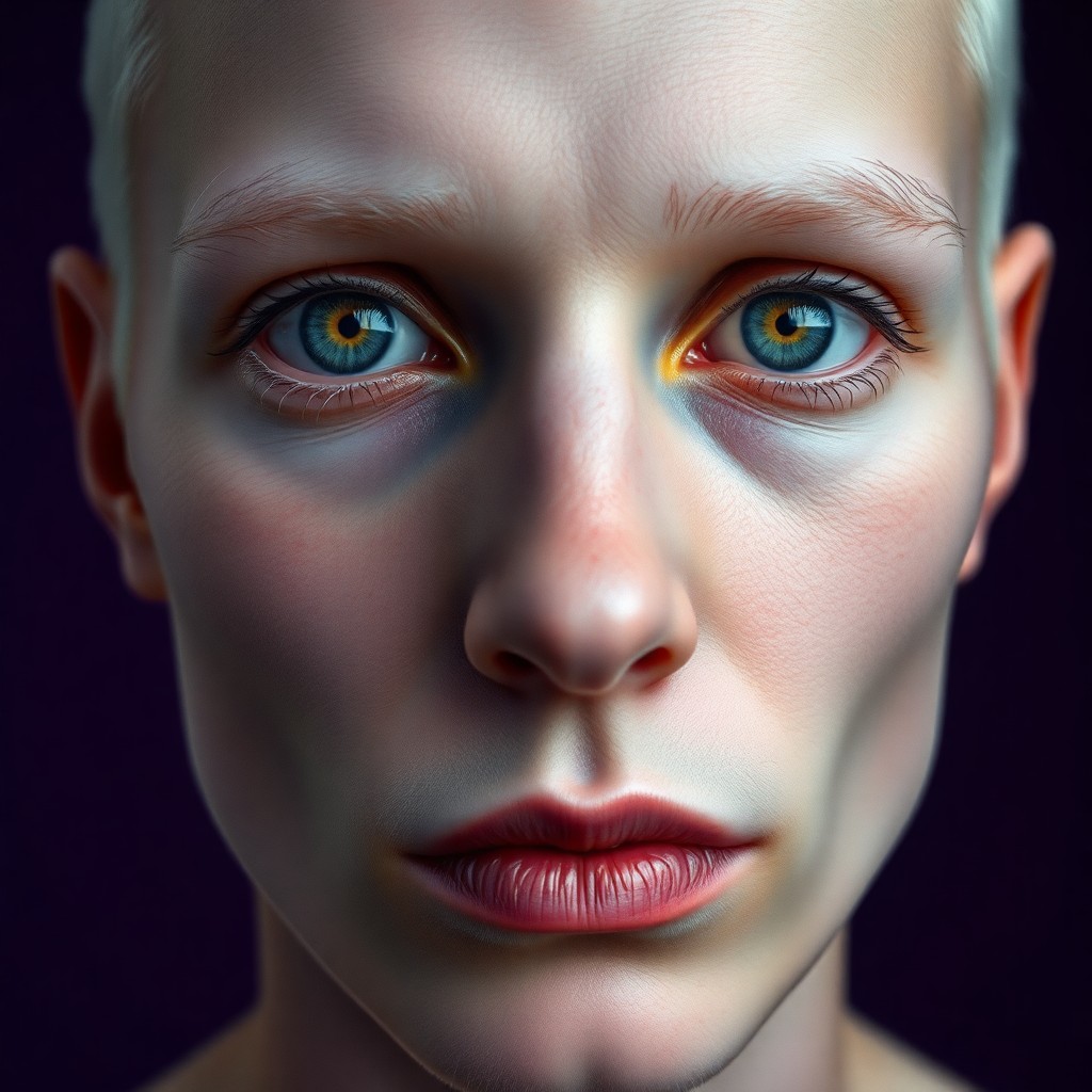 AI generated art for prompt: A hyper-realistic portrait capturing an individual with albinism in an extreme close-up, reminiscent