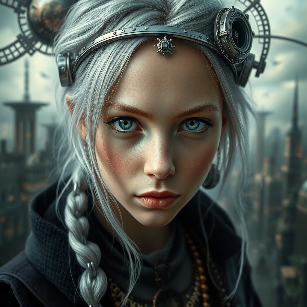 AI generated art for prompt: A portrait in photorealistic style depicts an enigmatic young woman with silvery cascading hair and 