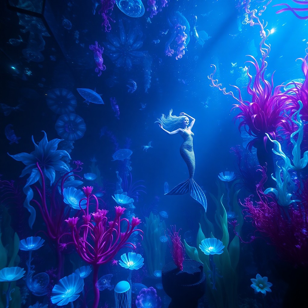 AI generated art for prompt: Envision an idyllic underwater realm teeming with luminescent plant life and aquatic creatures in ri